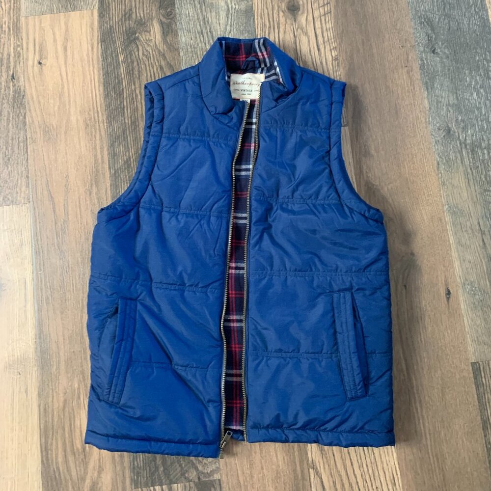 Weatherproof Vintage Men's Medium Blue Puffer Full Zip Plaid Flannel Lined Vest